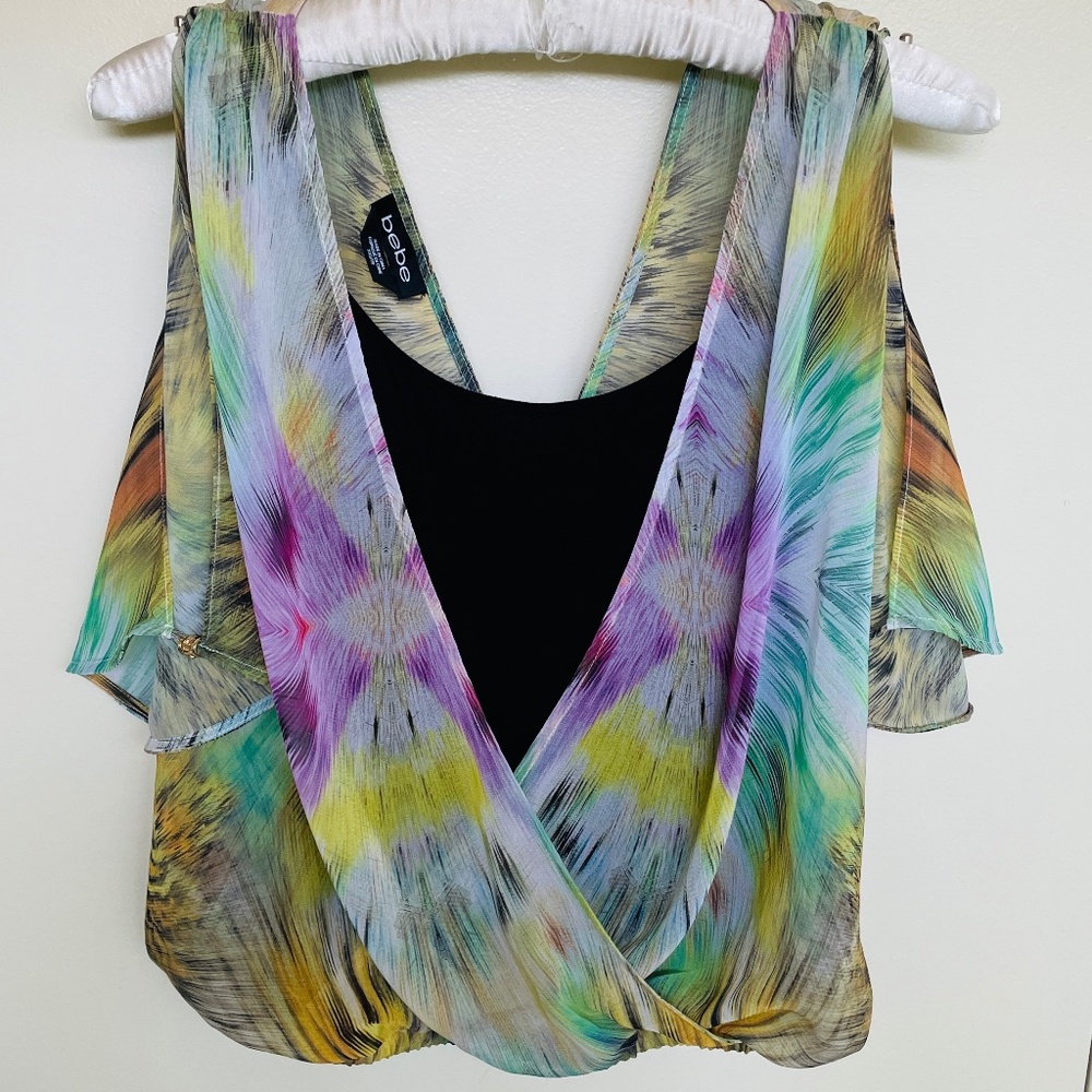 Colorful boho butterfly blouse with open slit sleeves, & black cami XXS- XS Bebe